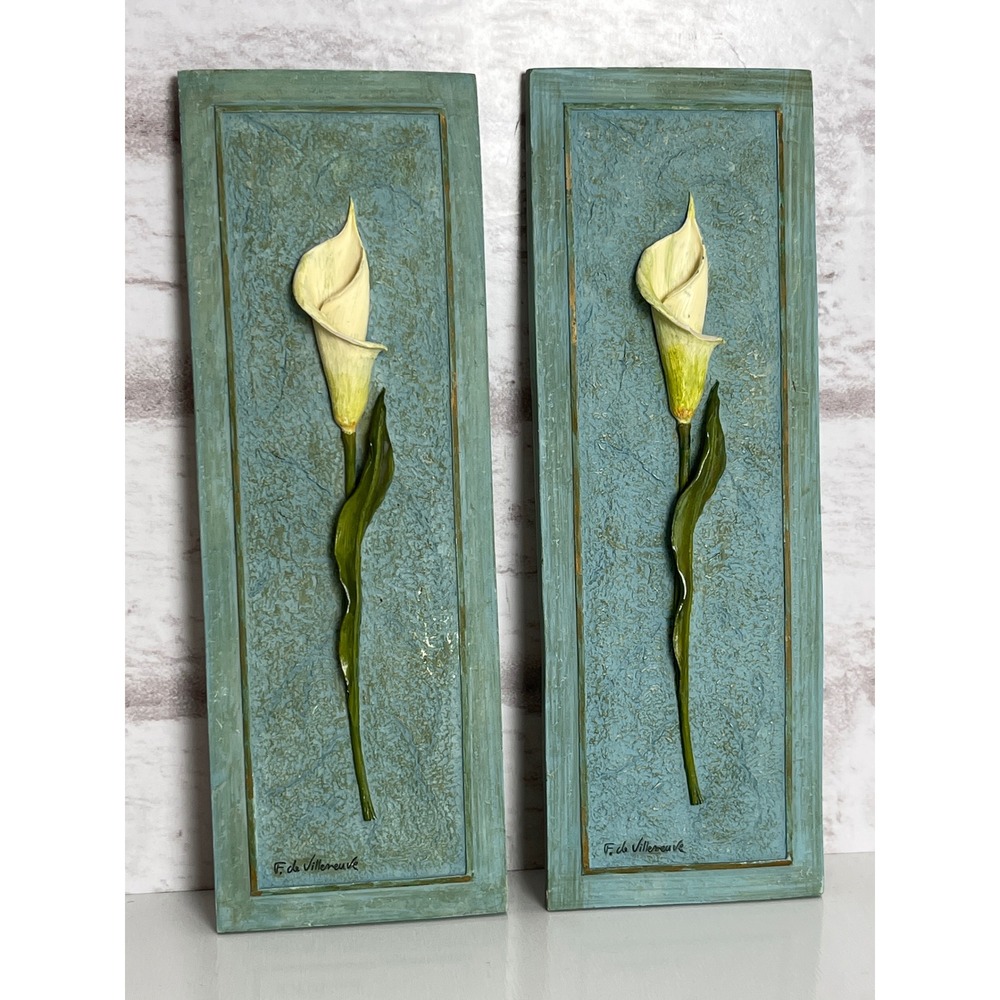 Vintage F de Villeneuve 3D Calla Lily Wall Art 2 Plaque Textured French Country